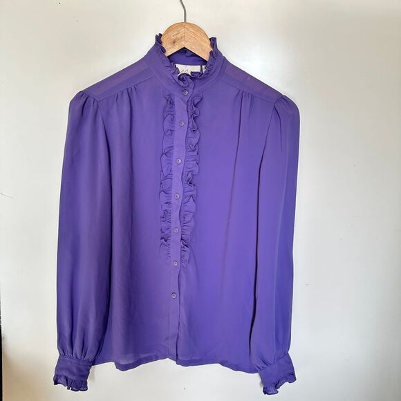 Alicia Button Down Shirt Purple Semi Sheer Ruffle Size 8 Business Casual Vintage - Picture 8 of 11